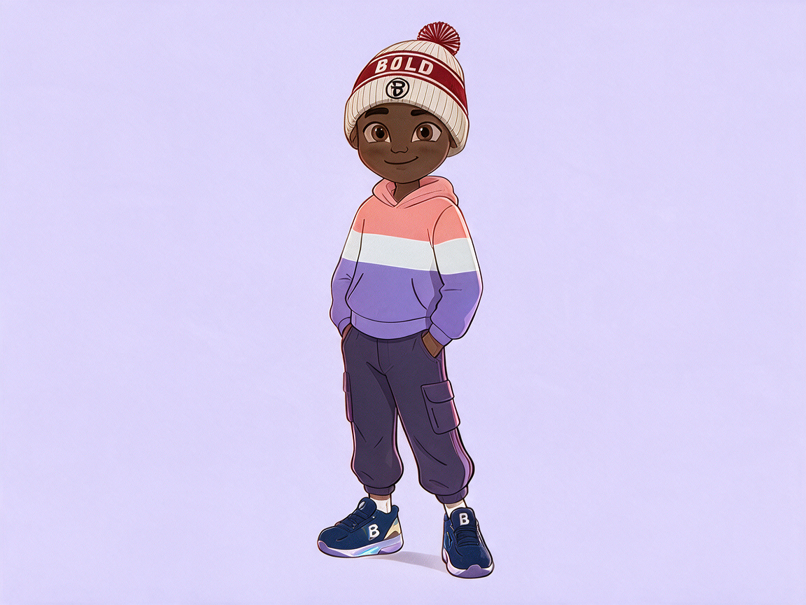 A young animated boy with dark skin, wearing a colorful hoodie, cargo pants, sneakers, and a red knit hat with the word 'BOLD' on it, standing against a plain light purple background.