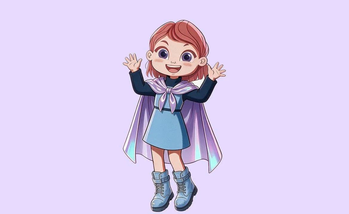 Cartoon girl with pink hair wearing a blue dress, boots, and a shimmering purple cape, waving happily against a light purple background.
