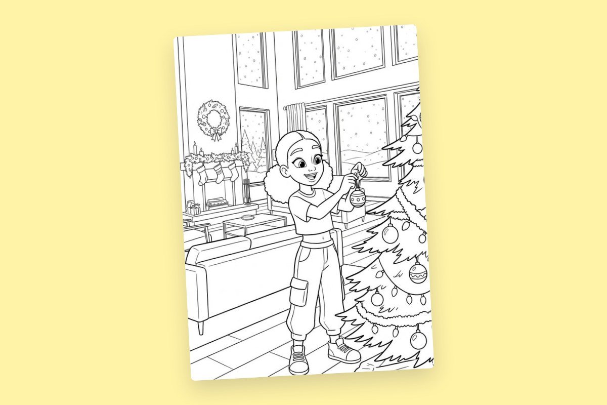 Black and white line drawing of a girl decorating a Christmas tree with ornaments in a festive living room.