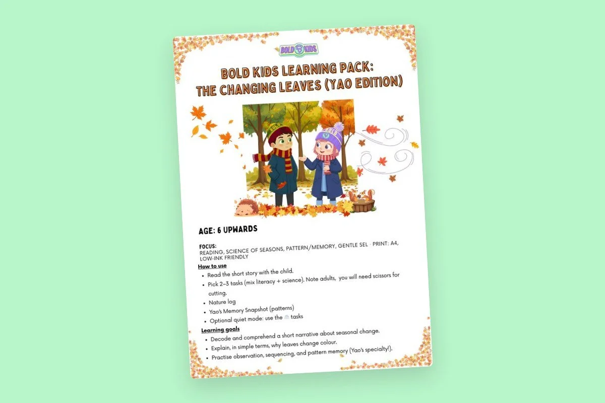 A children's educational activity sheet titled "Bold Kids Learning Pack: The Changing Leaves (Yao Edition)" with an illustration of two children in autumn clothing, holding hands in a fall scene with colorful changing leaves and trees.