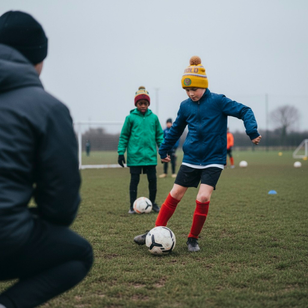 Football and young boys wearing bold kidswear beanie in the cold