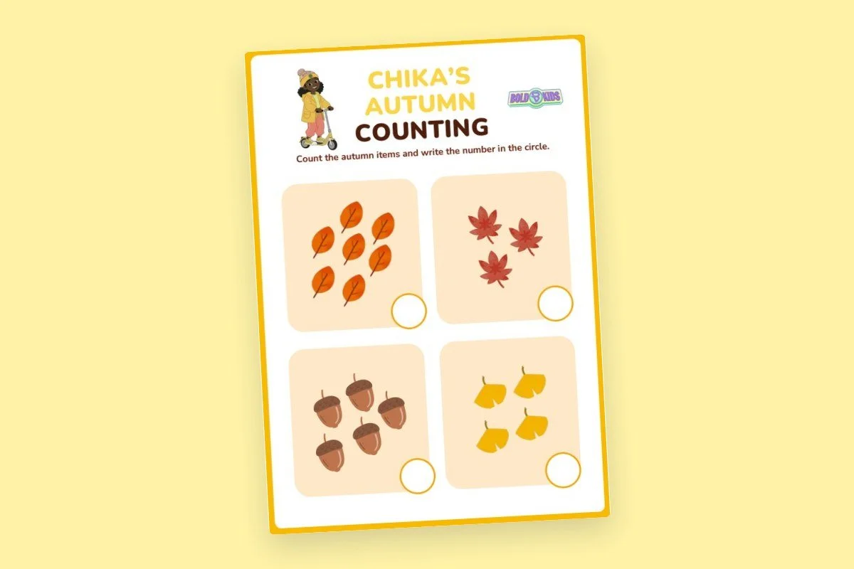 A children's autumn counting worksheet with four boxes, each containing autumn items: orange leaves, red maple leaves, acorns, and yellow pears, with circles for writing numbers.
