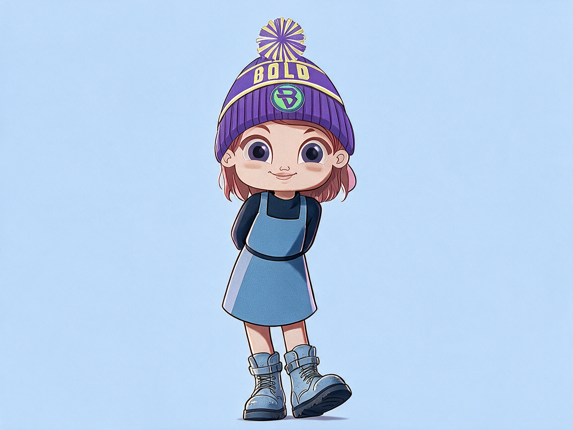Cartoon girl wearing a purple knit hat with a yellow pom-pom, a blue dress, blue boots, standing against a light blue background.