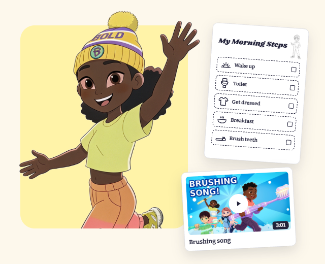 Cartoon girl in yellow shirt and orange pants, waving, with a morning routine list and a brushing song video on a digital device.
