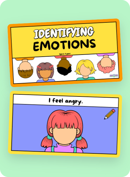 Educational poster on identifying emotions shows five children with different hair colors and styles at the top. Below, a card features a girl with pink hair and pigtails, with the text 'I feel angry' and a pencil icon.