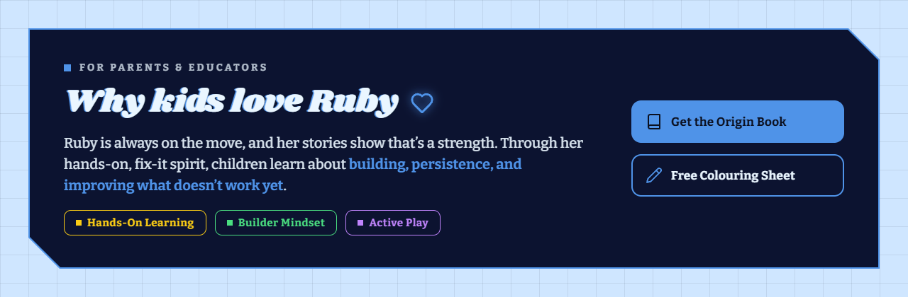 A web page promoting a children's book titled 'Why Kids Love Ruby'. The page includes options to get the book, download a coloring sheet, and features buttons for 'Hands-On Learning,' 'Builder Mindset,' and 'Active Play.' The background is blue with various shades for buttons and text.