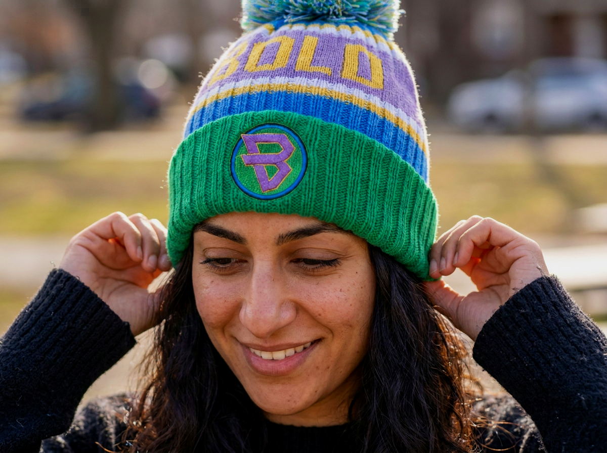 Parent in the calm connect beanie outdoors smiling