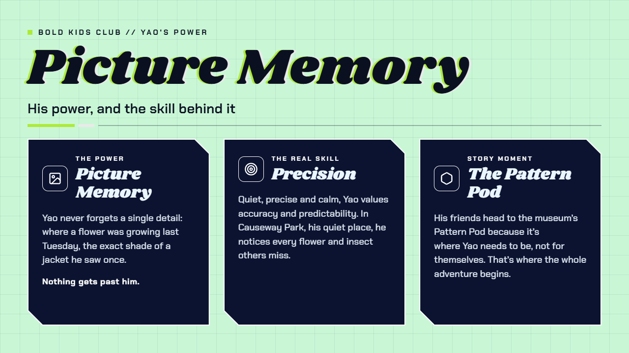 A colorful infographic titled "Picture Memory" with three sections: "Picture Memory," "Precision," and "The Pattern Pod." Each section includes a brief description and a small icon, set against a light green grid background. The infographic highlights the importance of observation, accuracy, and storytelling in memory development.