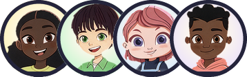 Illustration of four diverse smiling children in circular portraits