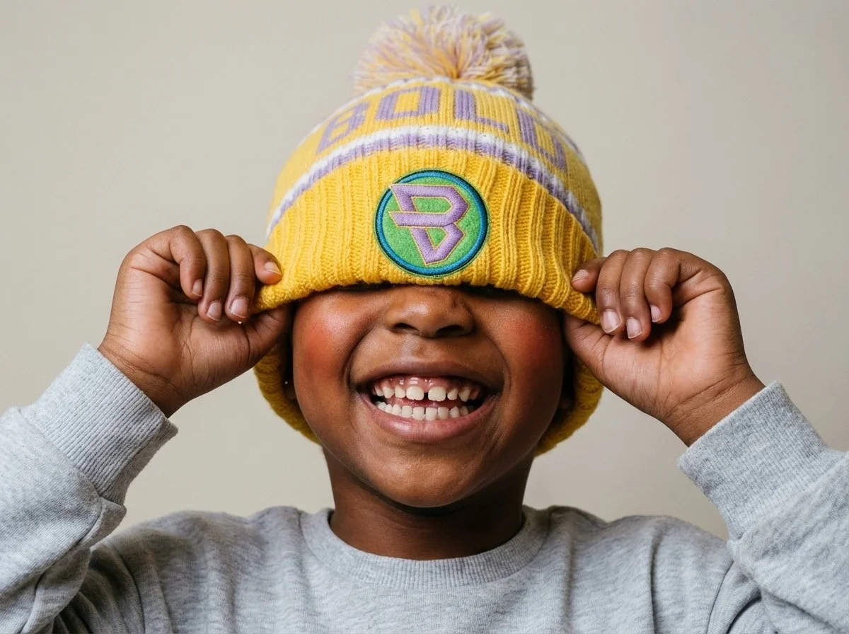 Young boy in the studio wearing bold kidswear beanie half covering his face laughing