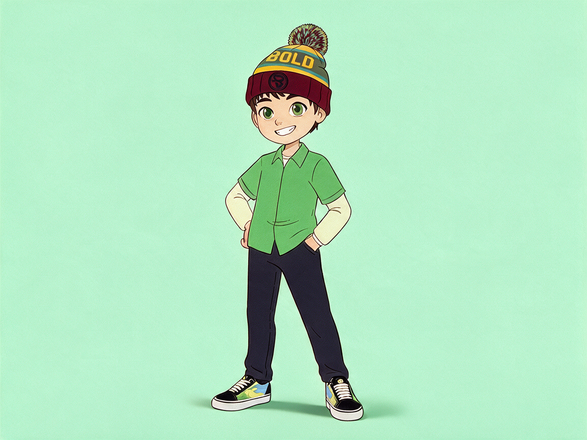 A cartoon boy wearing a green shirt, dark pants, sneakers, and a colorful beanie with the word BOLD on it, smiling and standing confidently with hands on hips against a light green background.