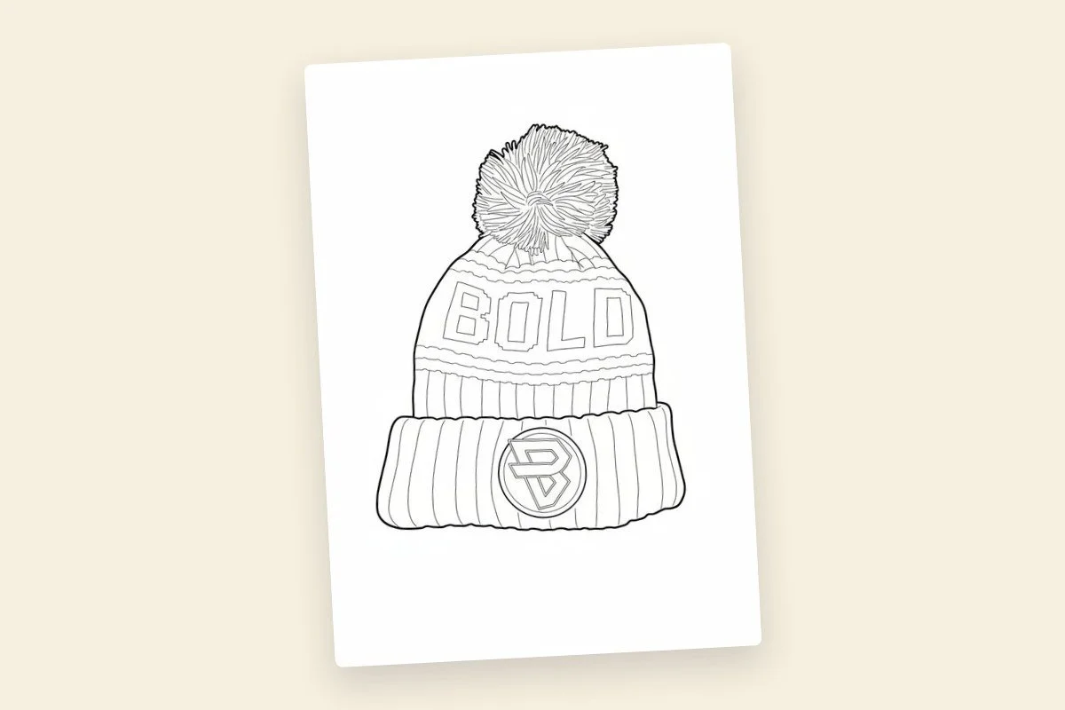 Line drawing of a beanie hat with a pom-pom on top, the word 'BOLD' written on the front, and a circular logo below it.