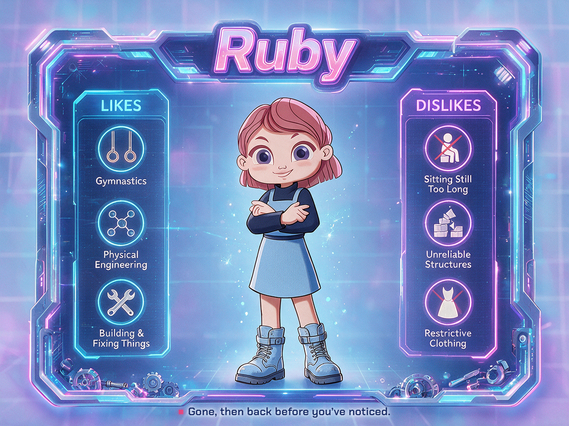 Cartoon girl named Ruby in a futuristic interface with her liked activities, which include gymnastics, physical engineering, and building and fixing things. Disliked activities are sitting still too long, unreliable structures, and restrictive clothing.