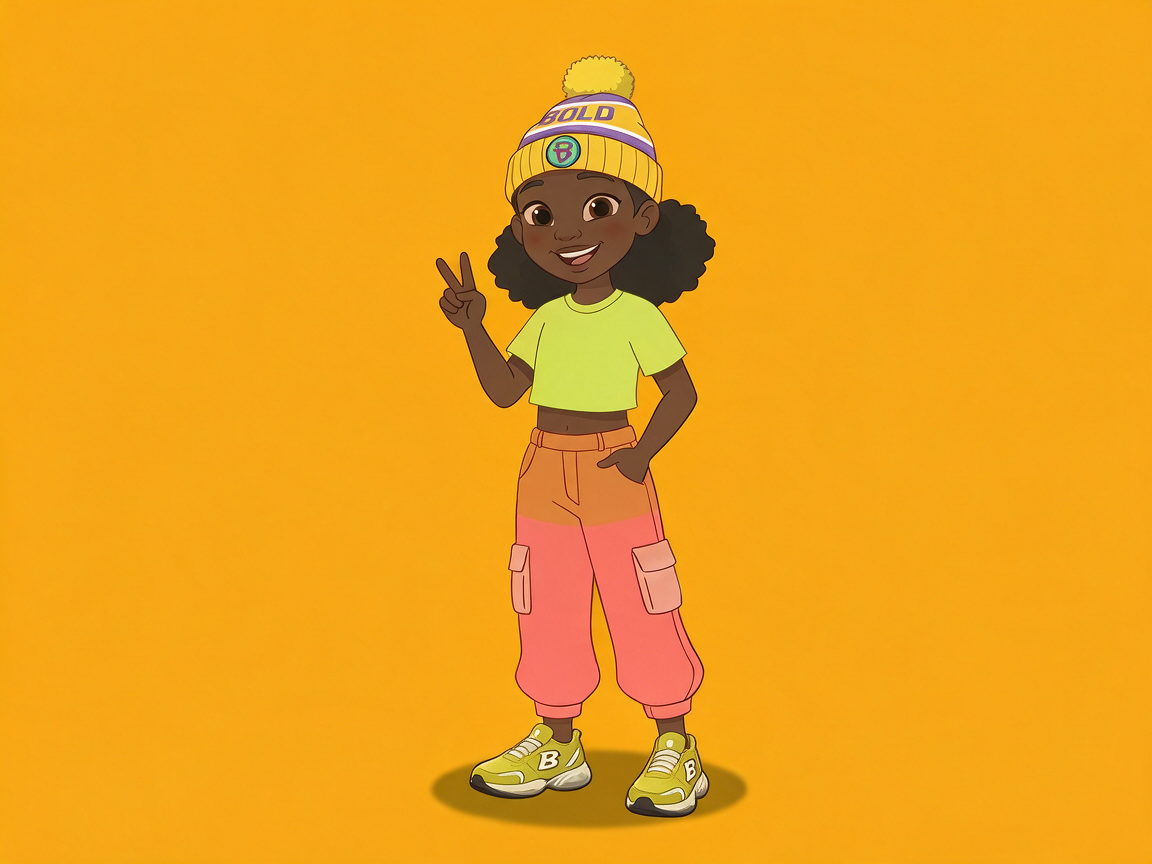 A young girl with curly black hair wearing a yellow and purple beanie with a pompom, a yellow crop top, pink cargo pants, and yellow sneakers, standing against a yellow background and making a peace sign with her right hand.