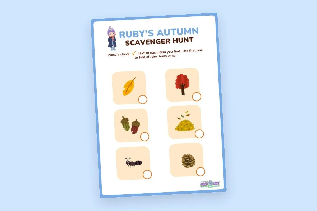 A printable fall-themed scavenger hunt sheet titled "Ruby's Autumn Scavenger Hunt" featuring six images of autumn items: a yellow leaf, a red tree, acorns, fallen leaves, an ant, and a pinecone.