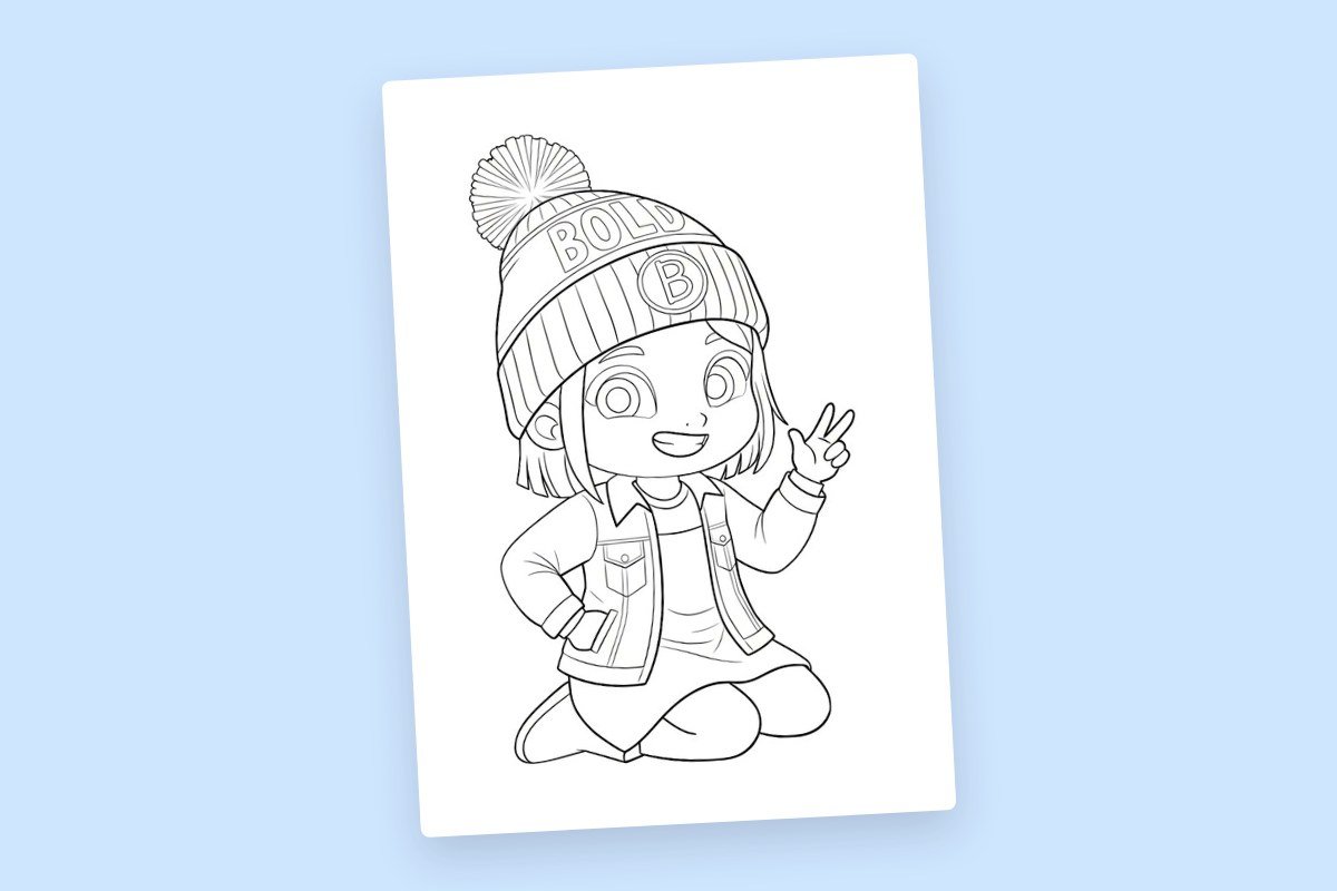 Line drawing of a cheerful girl wearing a beanie with a pom-pom, a jacket, and a dress, kneeling and making a peace sign with her hand.