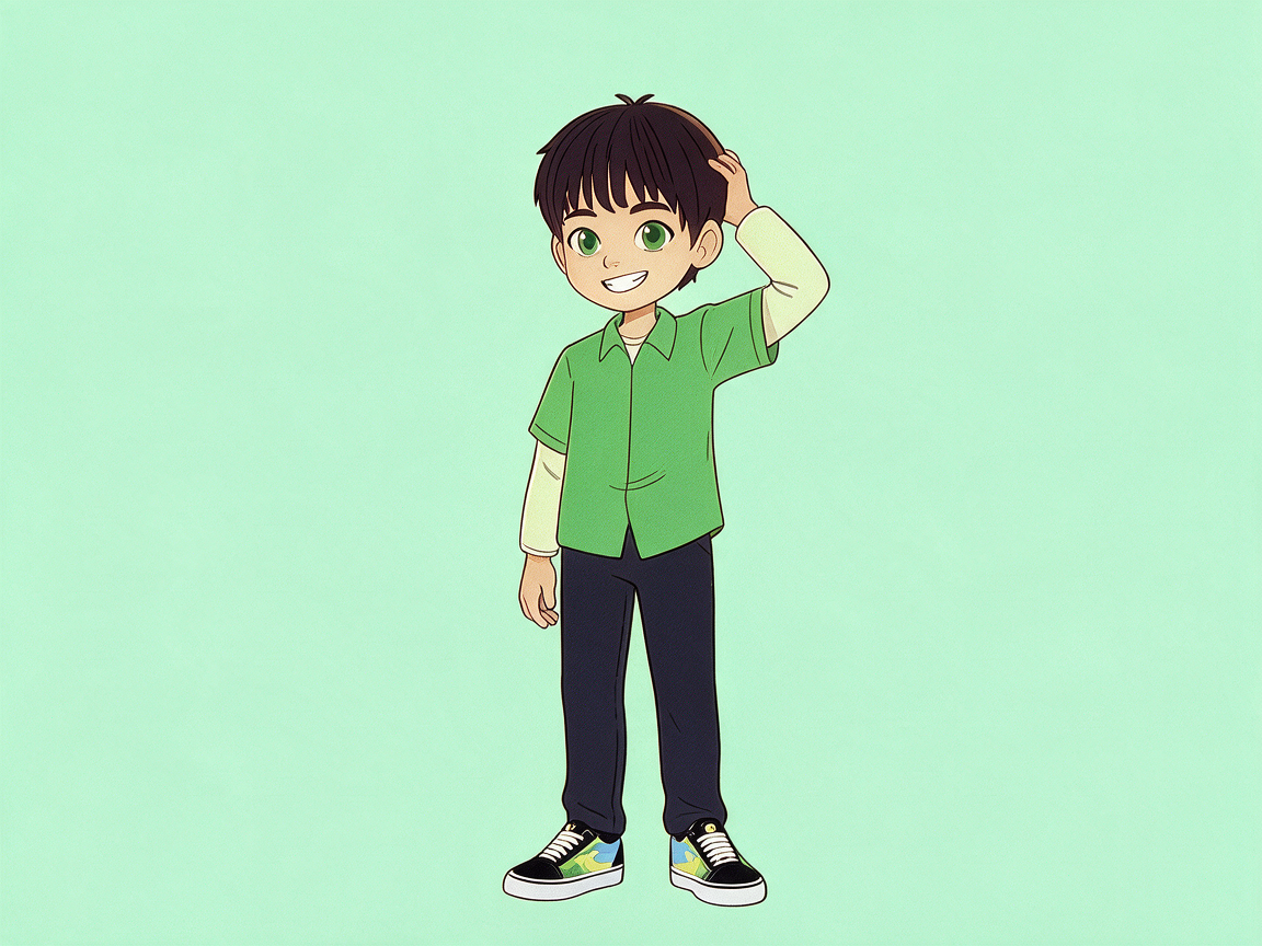 A cartoon boy with dark hair and green eyes, wearing a green shirt, black pants, and black sneakers with colorful accents, stands on a green gradient background while scratching his head and smiling.