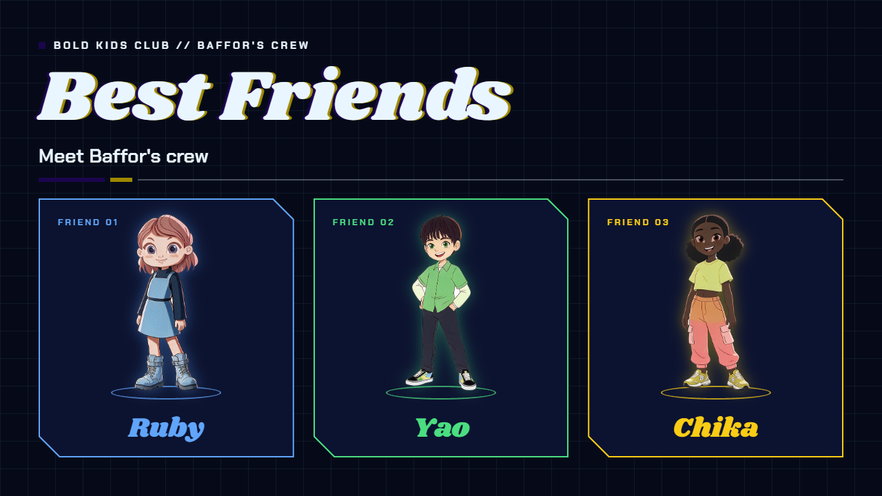 An illustrated poster introducing three friends from Baffor's crew. Ruby is a young girl with brown hair, wearing a blue dress and gray boots. Yao is a young boy with black hair, wearing a green hoodie and black pants. Chika is a young girl with dark skin and curly black hair, wearing a yellow shirt and pink pants. The background has a dark grid pattern with colorful text.