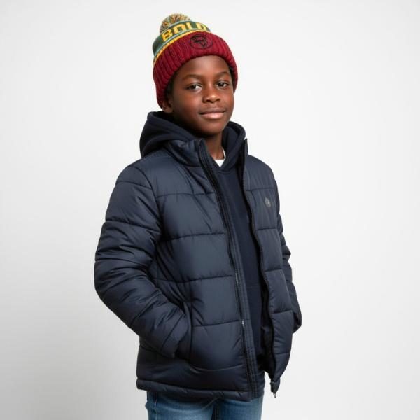 Young boy wearing the Memory Shield bold kidswear beanie