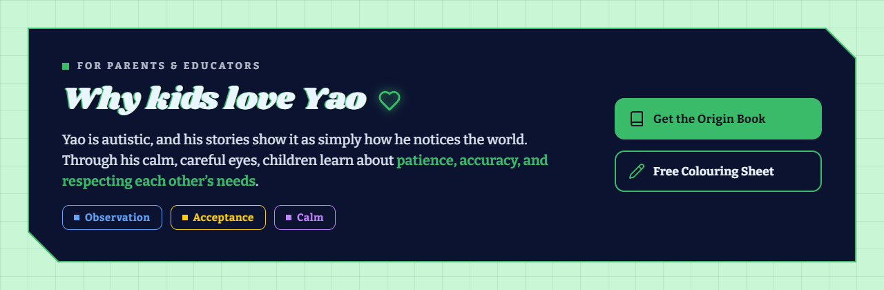 Online educational page titled 'Why kids love Yao,' targeting parents and educators, describing how Yao's calm demeanor helps children learn about patience, accuracy, and respecting each other's needs, with options to get the Origin Book and download a free coloring sheet.