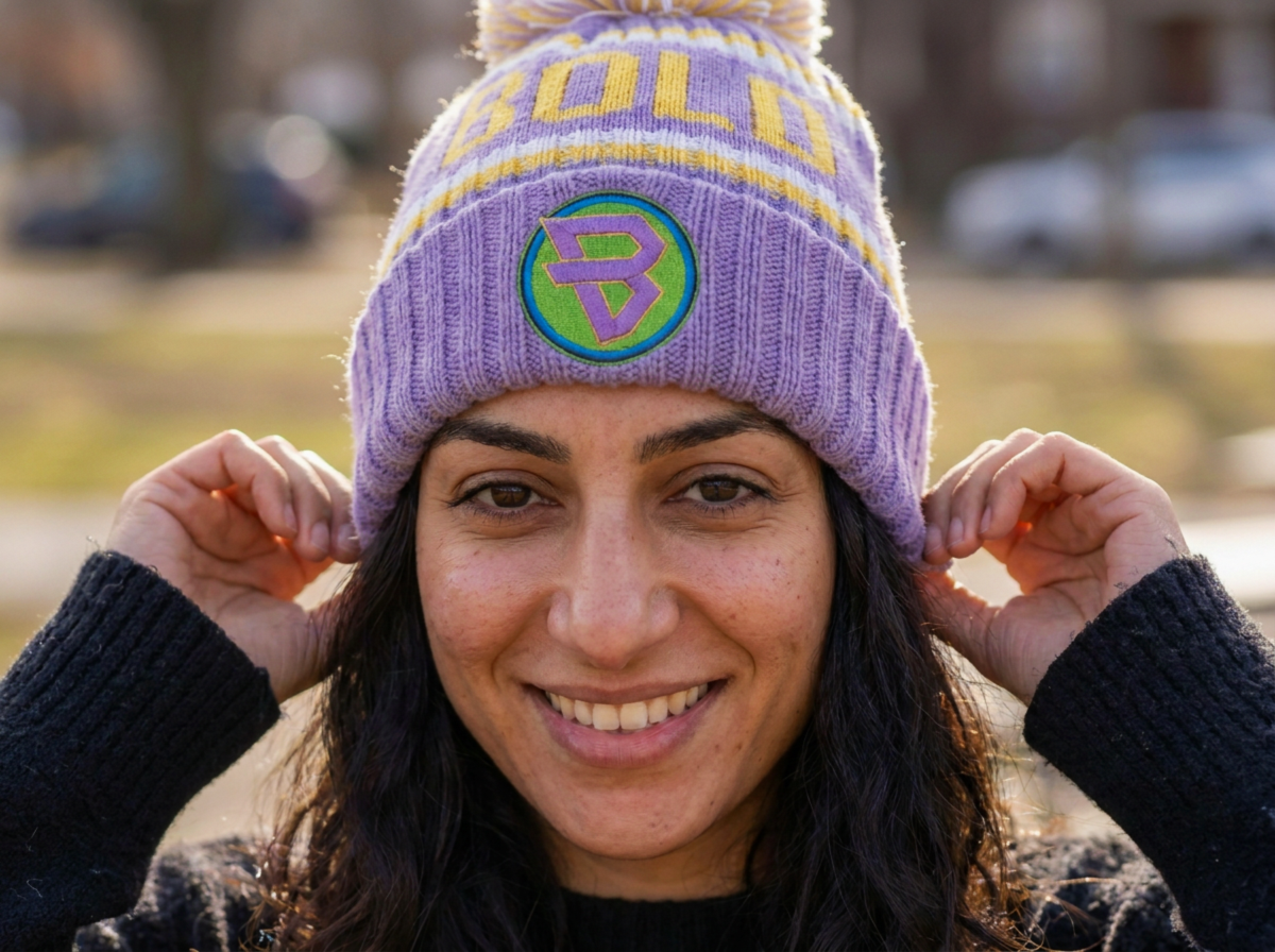 Parent wearing the blink beanie outdoors