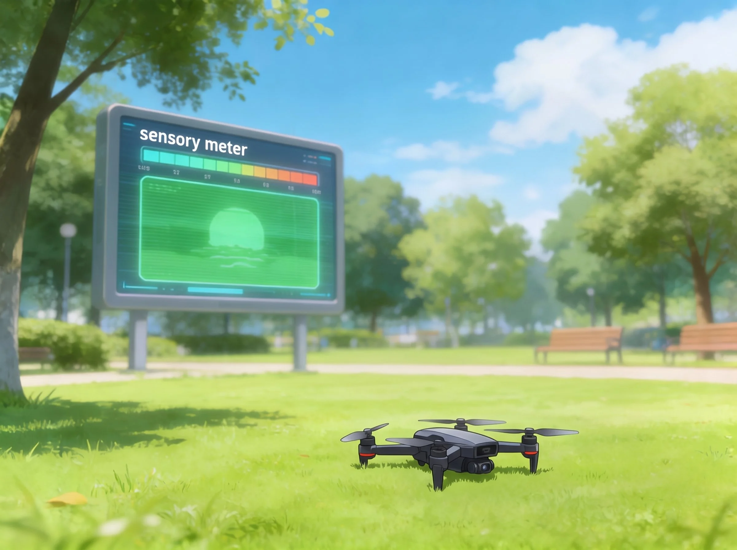 A drone on green grass in a park with trees, a digital sensory meter display, and a drone with four propellers in the bold borough park