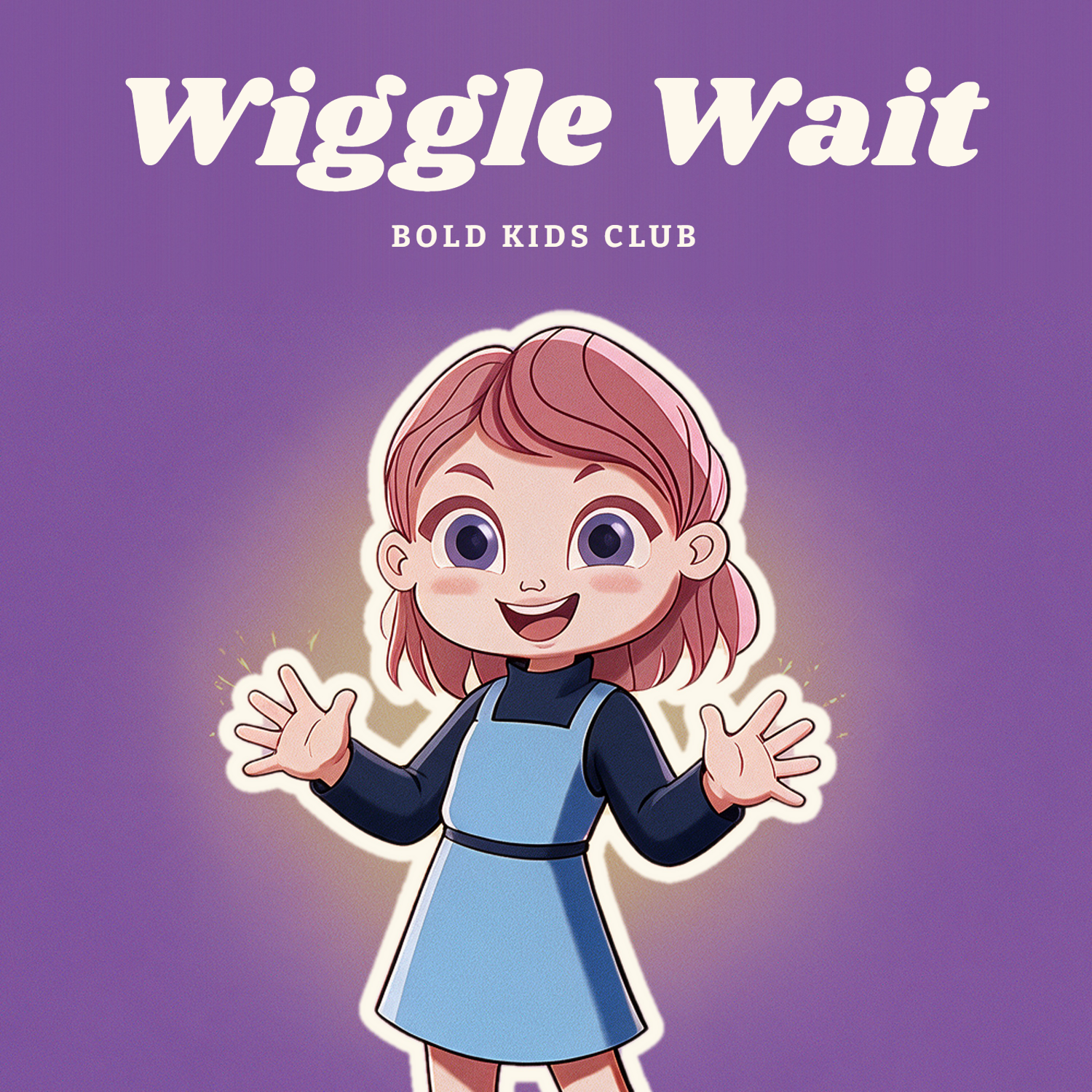 A cartoon girl with pink hair, big purple eyes, and a big smile, wearing a blue apron over a dark shirt, standing against a purple background with the text 'Wiggle Wait' and 'Bold Kids Club' above her.
