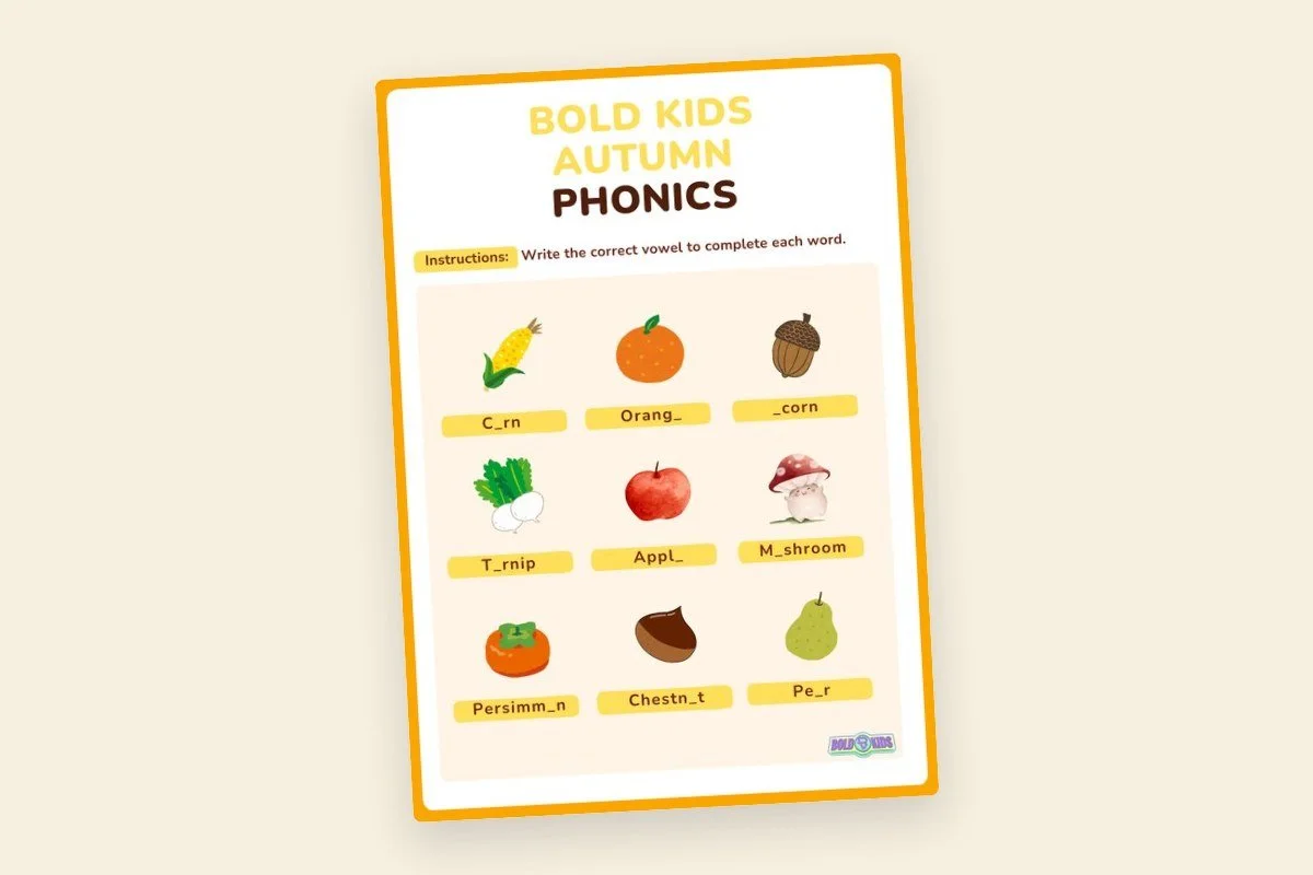 Educational worksheet titled 'Bold Kids Autumn Phonics' with images of fall foods and objects to complete with the correct vowels, including corn, orange, acorn, radish, apple, mushroom, persimmon, chestnut, and pear.