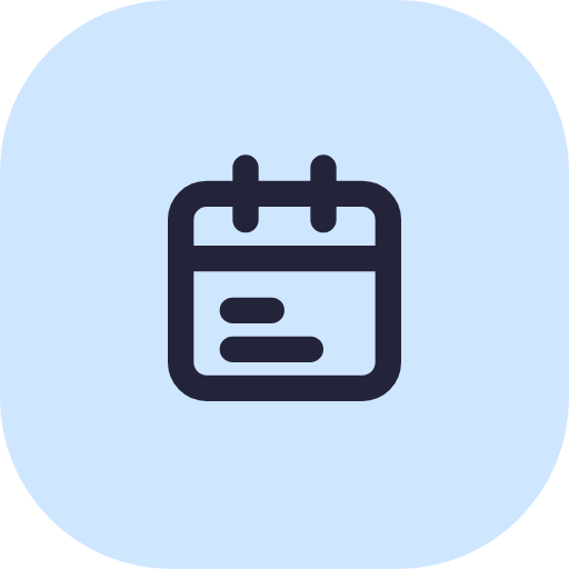 Icon of a calendar with two rings at the top, set against a light blue background.