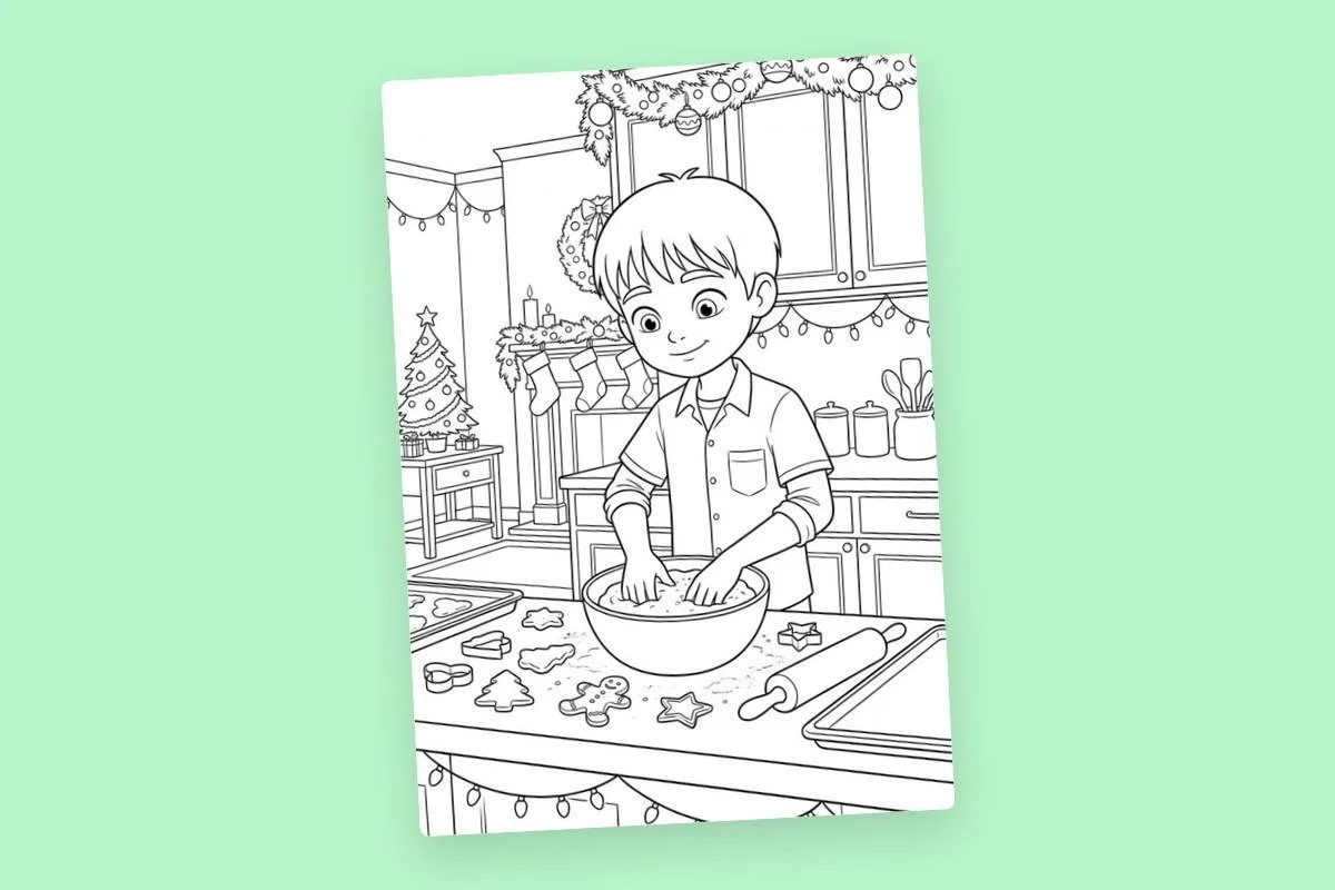 A young boy cooking cookies in a kitchen decorated for Christmas, with holiday decorations, a Christmas tree, and cookies on the counter.