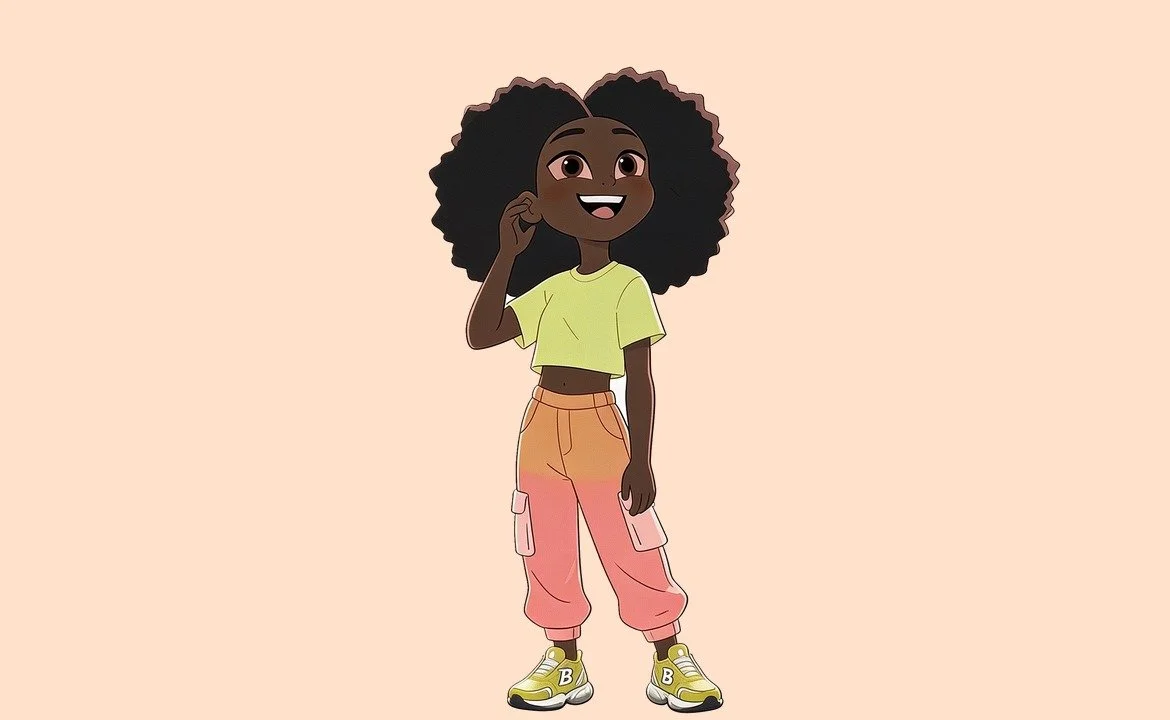 Cartoon girl with dark skin and curly hair, smiling and standing with one hand near her ear, wearing a light yellow crop top, pink cargo pants, and yellow sneakers, against a light pink background.