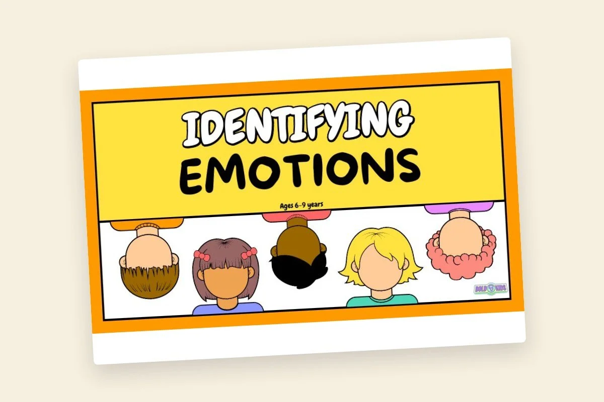 Cover of a children's book titled "Identifying Emotions" with illustrations of children showing different hairstyles and skin colors, focusing on facial expressions and emotions for ages 6-9.