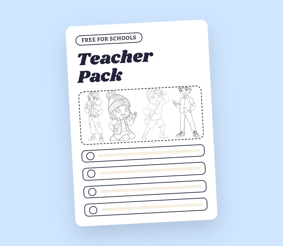 A flyer titled "Teacher Pack" offering free educational resources for schools, featuring three cartoon children in outdoor clothing, with checkboxes below for listing items or activities.