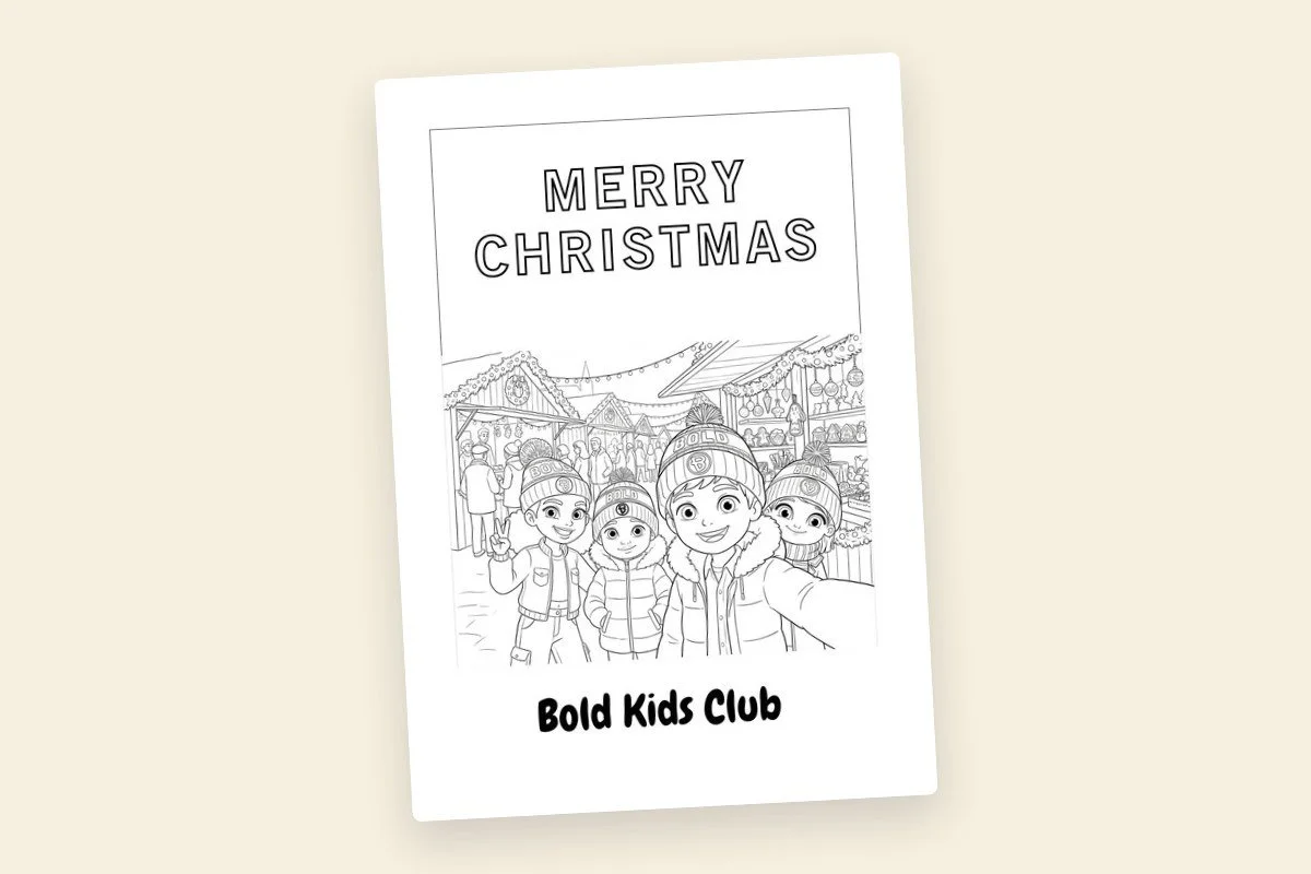 Black and white coloring page with children taking a selfie at a Christmas market, decorated with festive lights and ornaments.