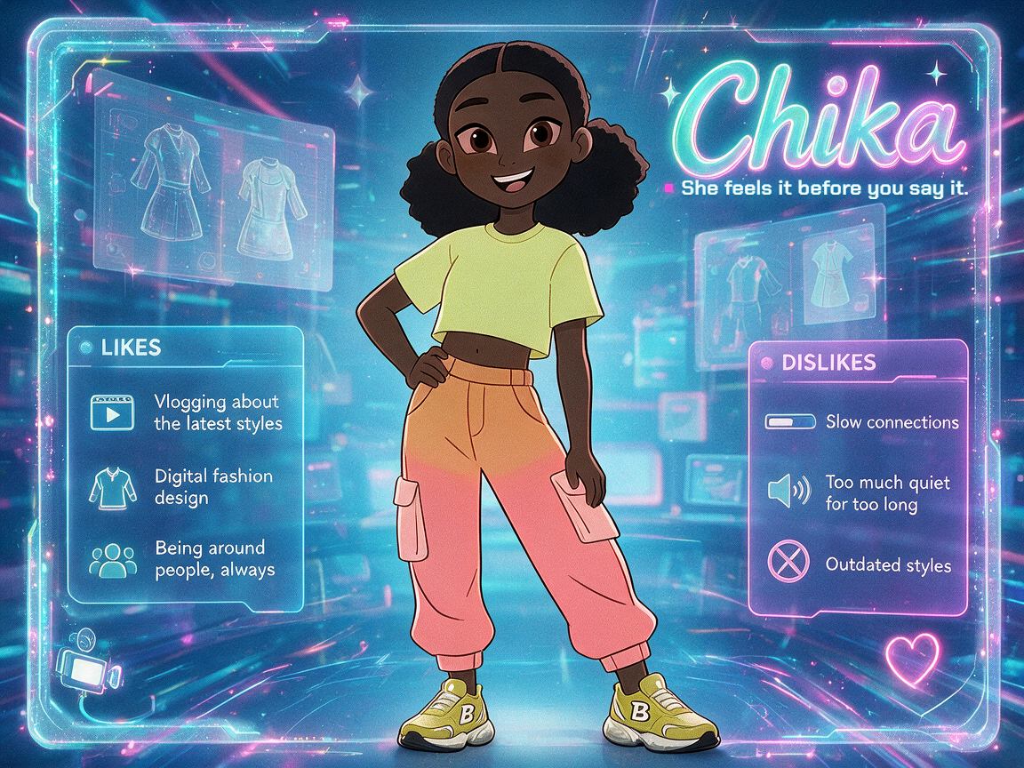 Cartoon girl with dark skin and curly hair in a futuristic virtual environment with neon lights, wearing a yellow crop top, pink cargo pants, and yellow sneakers, named Chika.