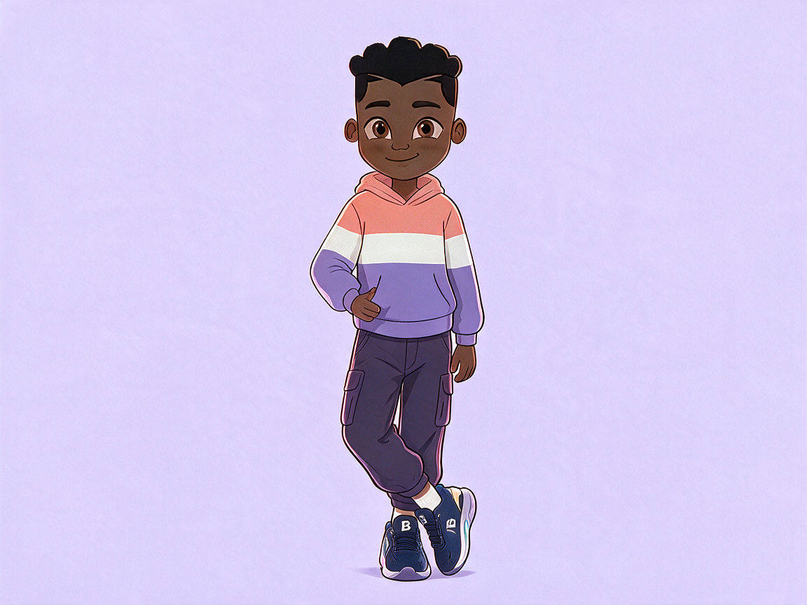 Animated boy with dark skin, short curly hair, wearing a pastel-colored hoodie, cargo pants, and sneakers, standing with one hand in his pocket and smiling.