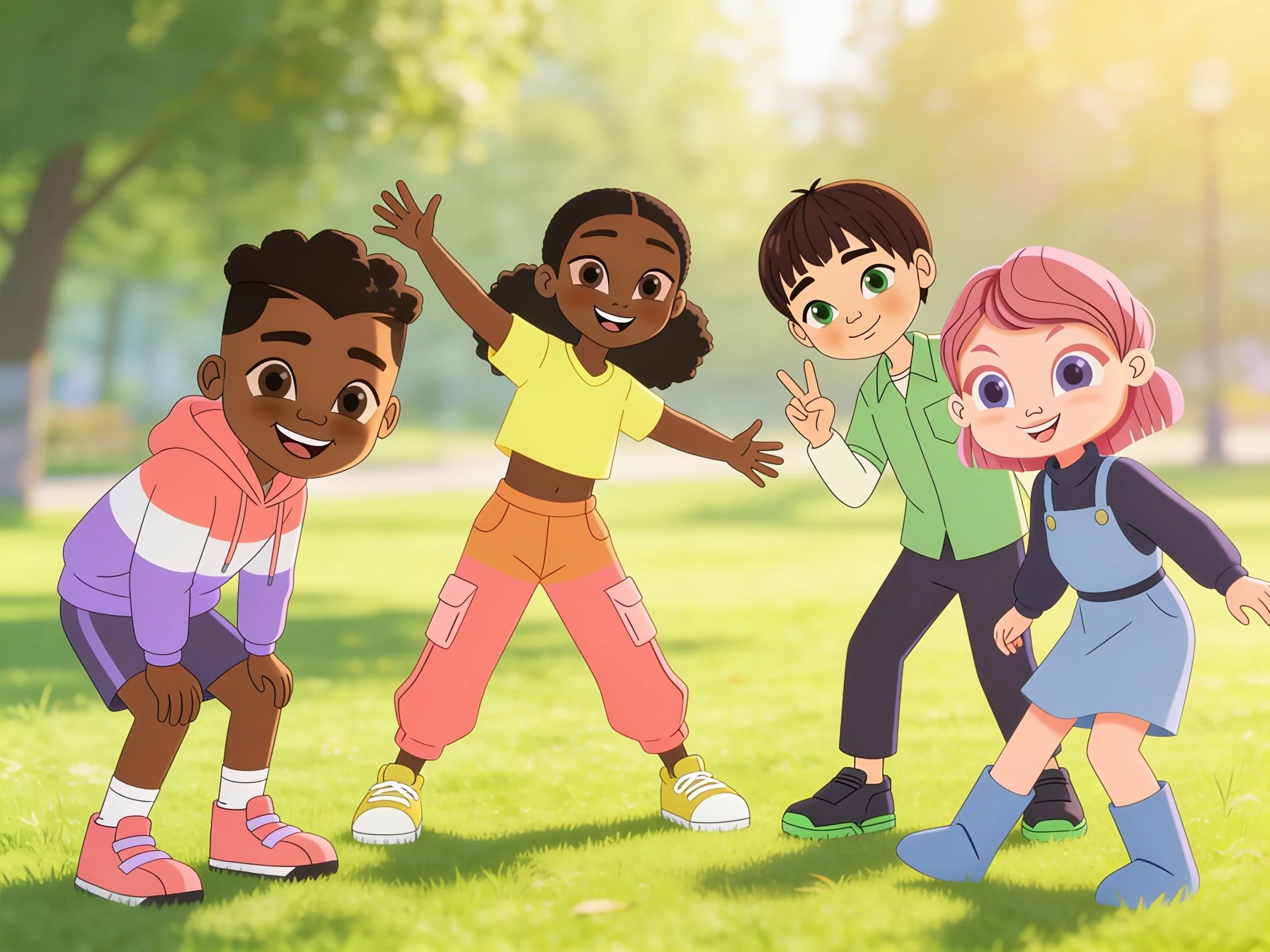 The bold kids happily posing outdoors on a sunny day with trees in the background.