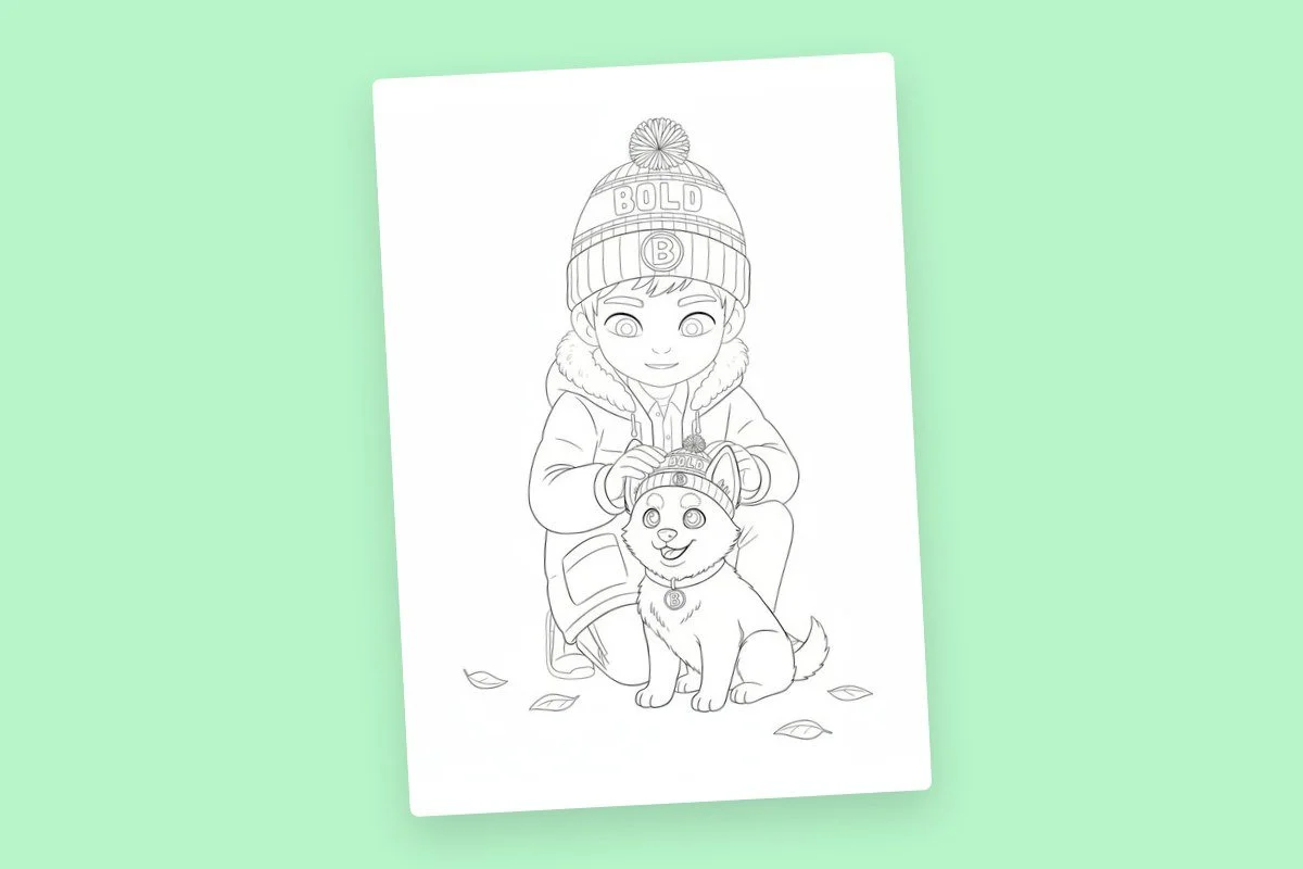 Children's coloring page of a kid in a winter coat and hat with a pompom and the word 'BOLD' on it, kneeling with a happy puppy also wearing a hat with 'BOLD' on it, surrounded by leaves.