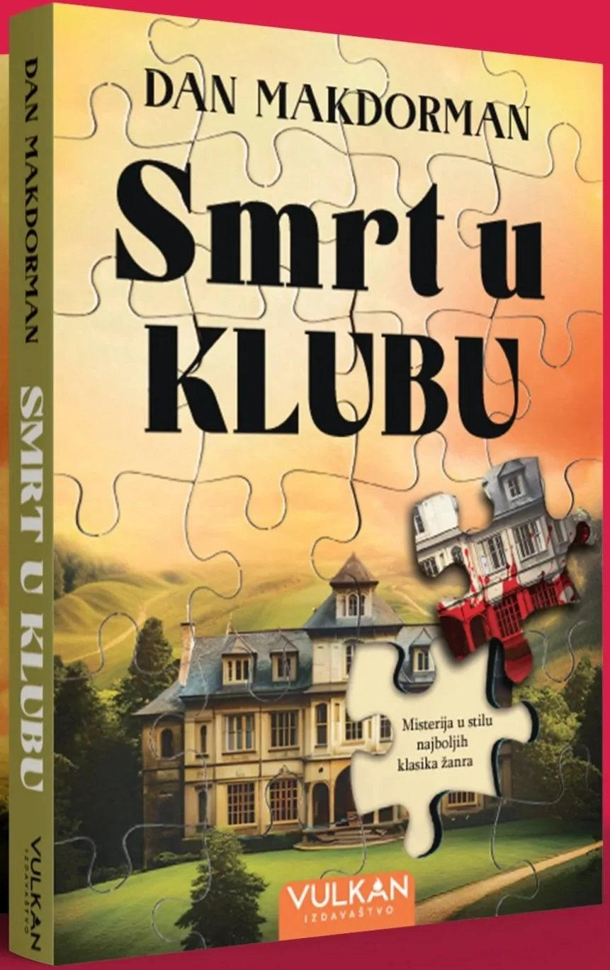 Book cover for Dan Makdorman’s mystery novel Smart u Klubu, featuring a jigsaw-puzzle design, manor house, and Vulkan Publishing logo