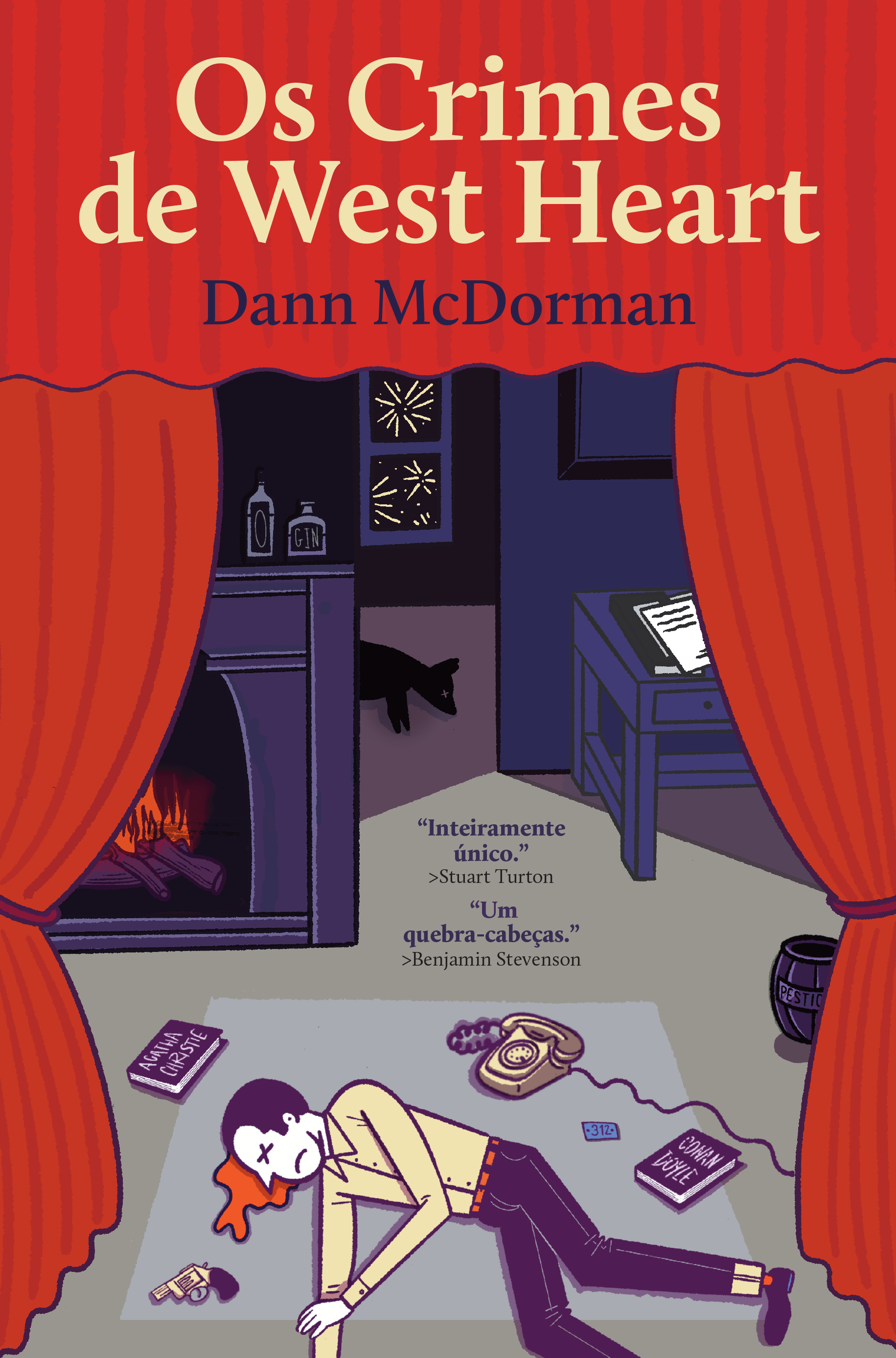 Illustrated crime novel cover for “Os Crimes de West Heart” by Dann McDorman, showing a body in a theater with red curtains, a fireplace, and detective clues.