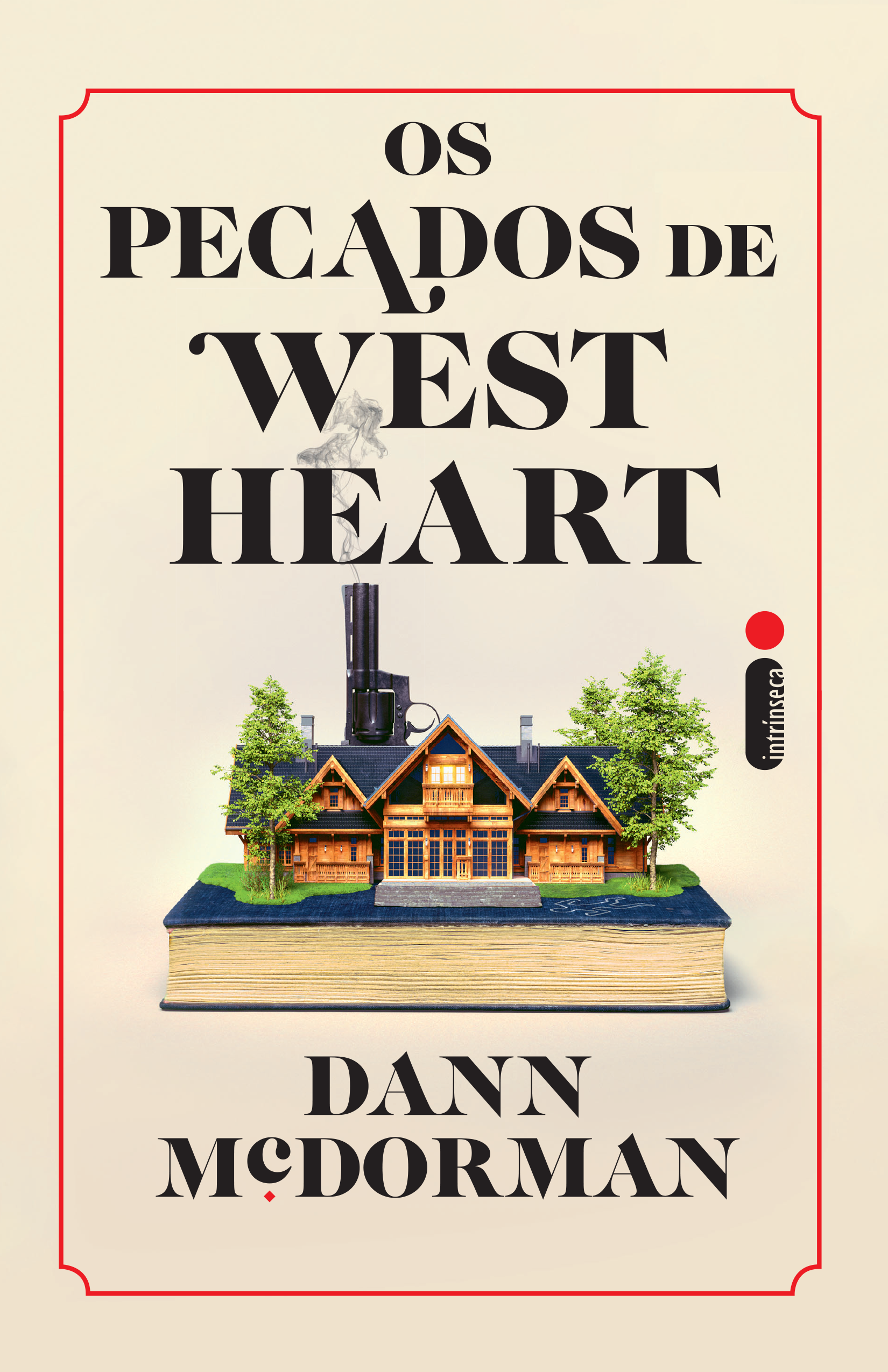 Book cover for Dan McDorman's “OS Pecados de West Heart,” featuring a wooden lodge, revolver, and smoke illustration.