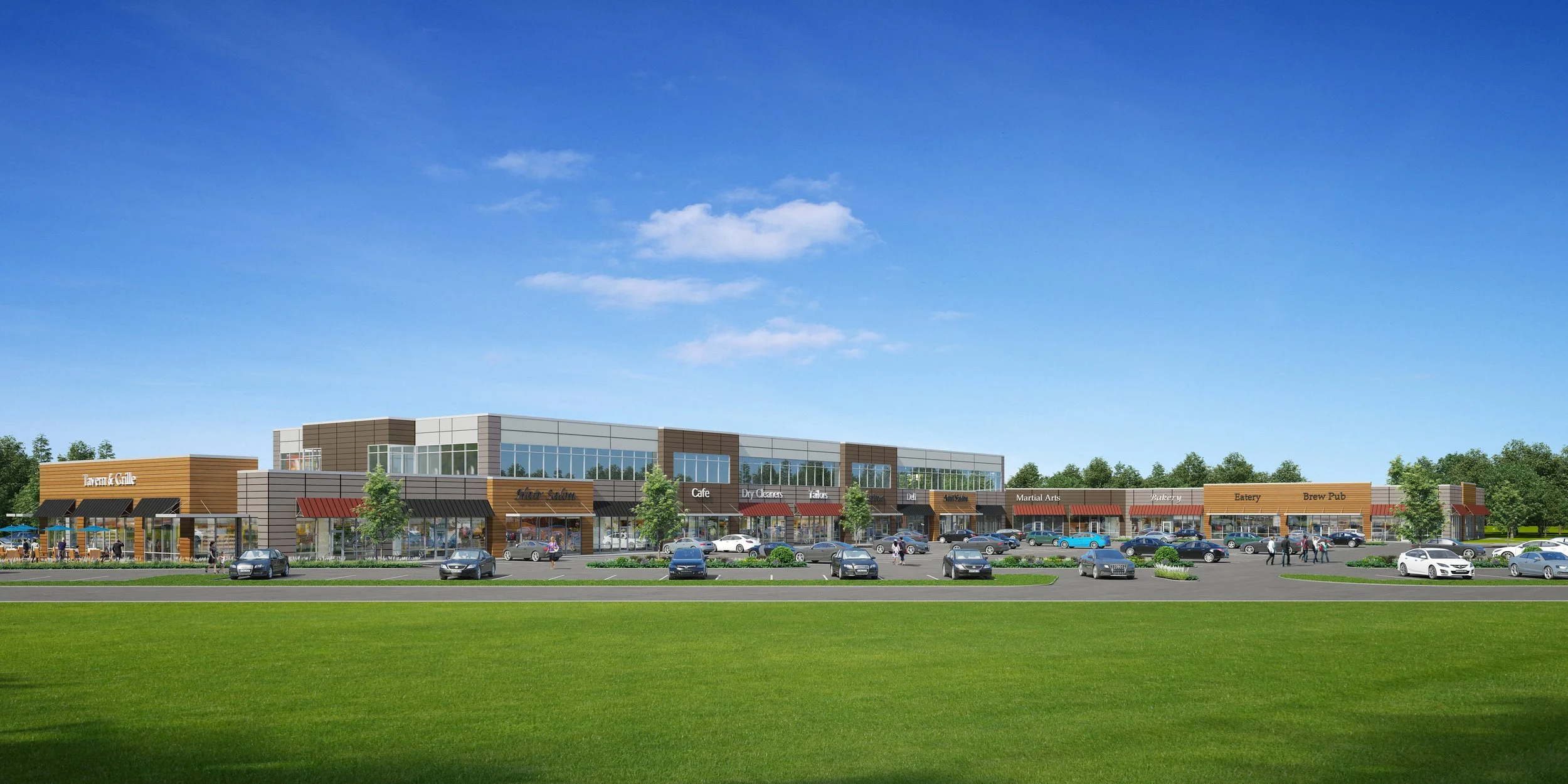 Two story mixed use building with retail on bottom and office above clad in fiber cement panels