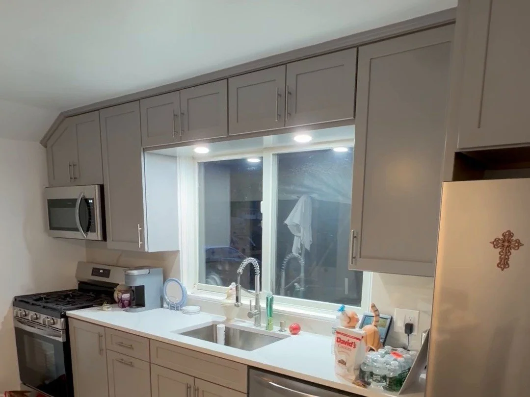 Remodeled kitchen with gray shaker cabinets, quartz counters and stainless appliances, Budd Lake NJ