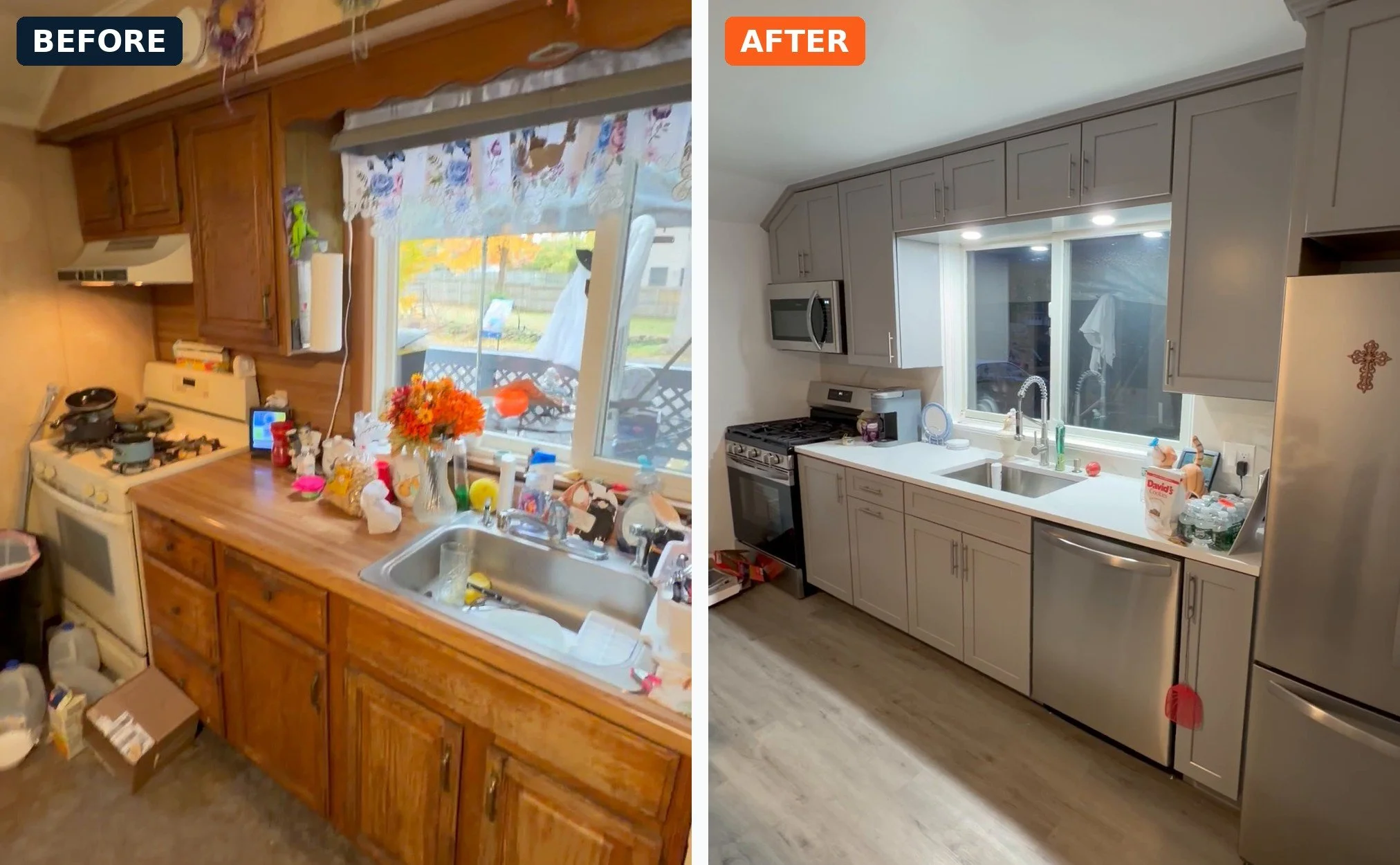 Kitchen remodel in Budd Lake, NJ: gray shaker cabinets, quartz counters, stainless appliances. Before and after.
