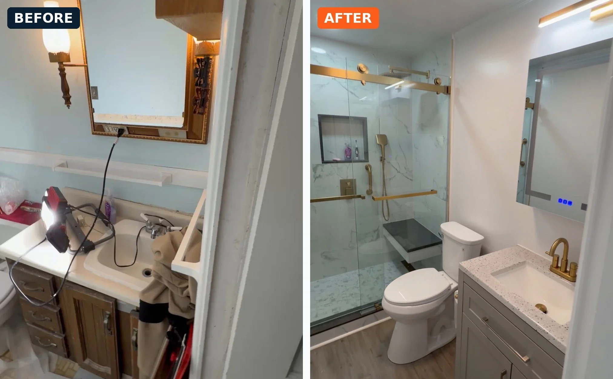 Full bathroom remodel: walk-in shower, new vanity, lighted mirror. Budd Lake, NJ.