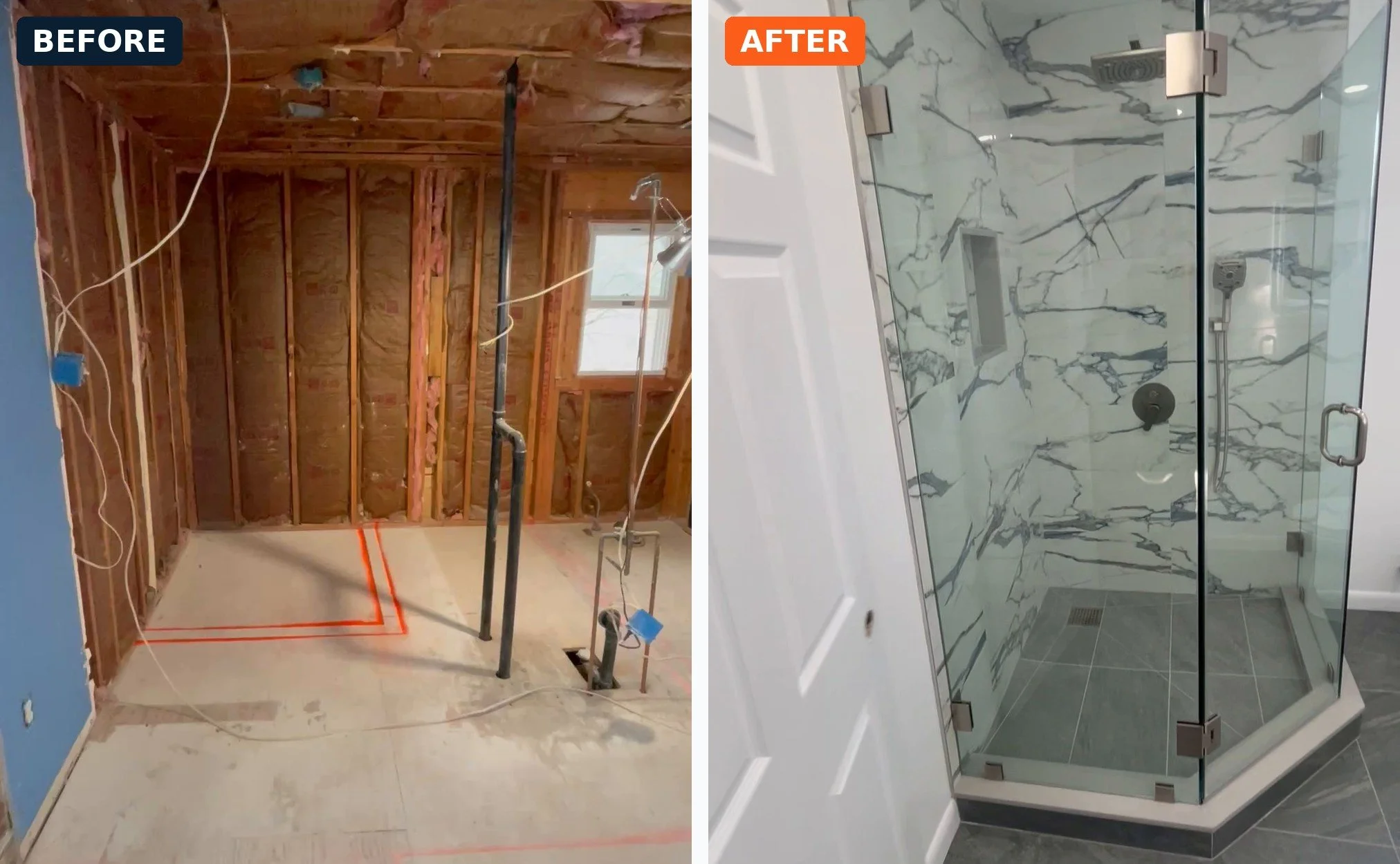 Bathroom rebuild: gutted to the studs, finished with a glass corner shower. Denville, NJ.