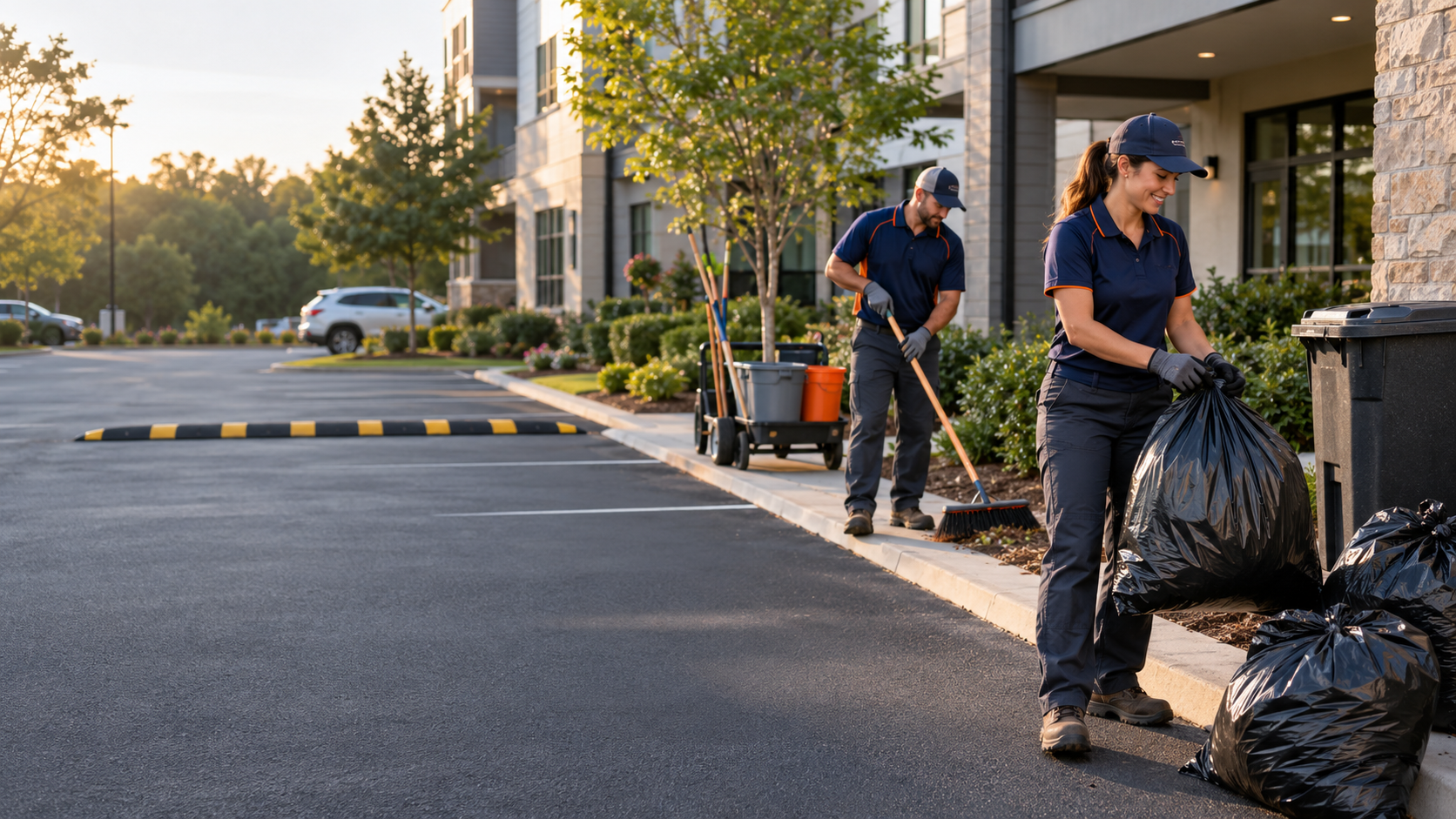Professional OutWide Property Services crew completing cleanup at a commercial property