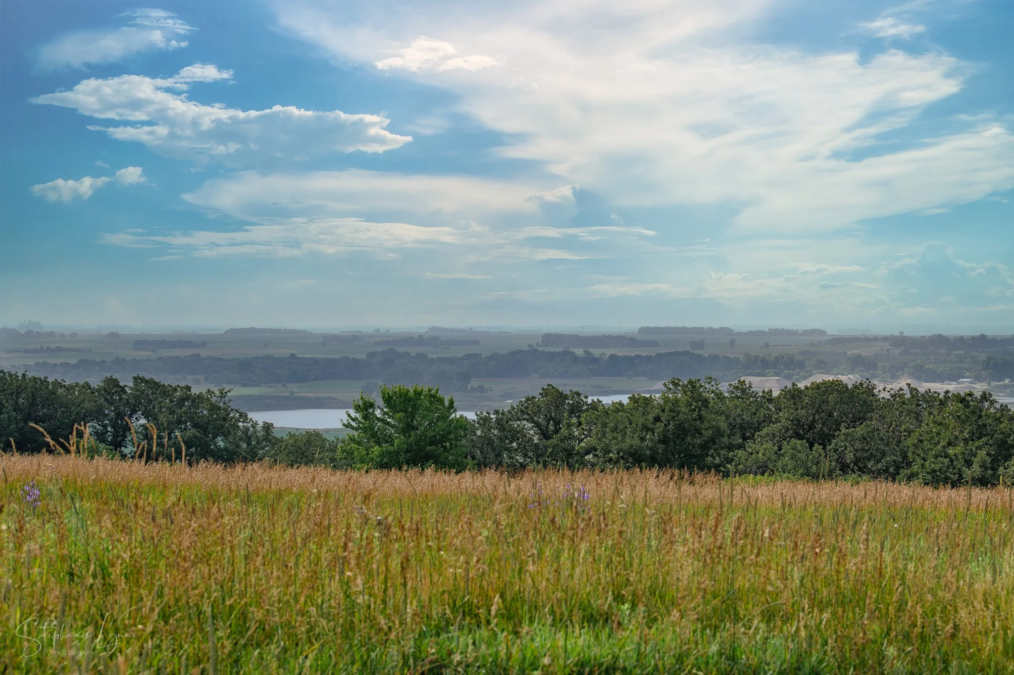 A landscape view with a grassy field in the foreground, trees, a river, and distant hills under a partly cloudy sky.