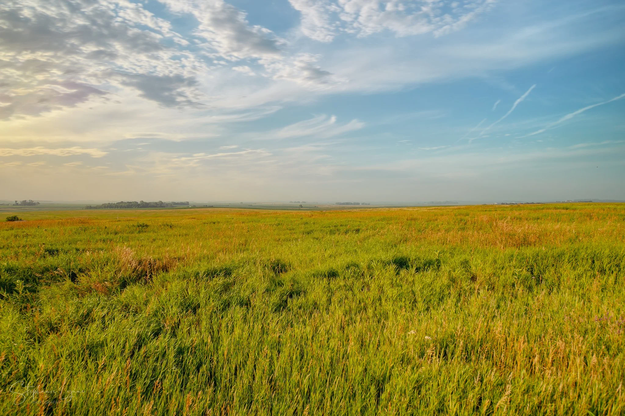 A vast green field under a partly cloudy sky with streaks of white clouds and a hint of sunlight.