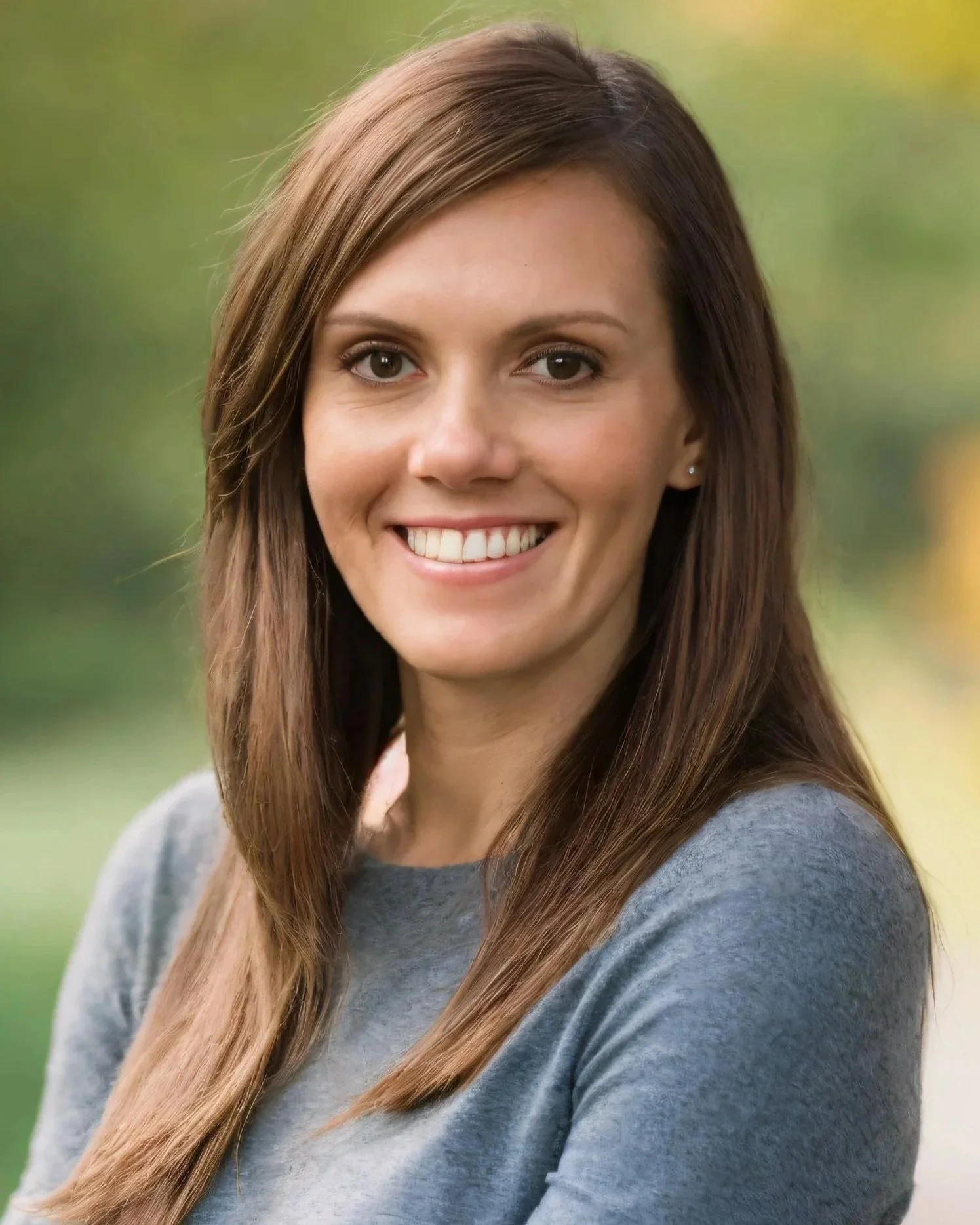 A young woman with long brown hair, smiling, wearing a grey top, with a blurred green outdoor background.